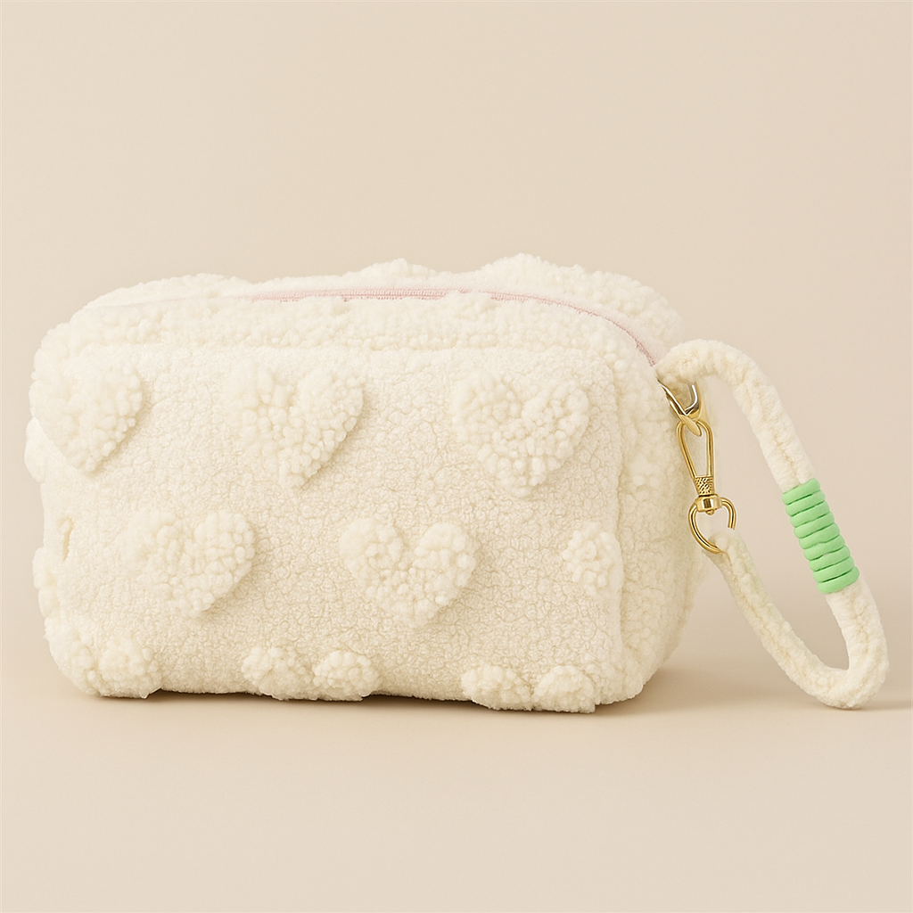 Trousse de toilette matelassée en tissu peluche avec imprimés cœurs, idéale pour femme et voyage