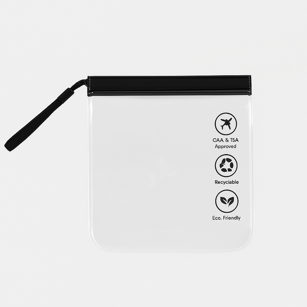 Trousse de toilette avion transparente en PVC recyclable – approuvée pour les voyages en avion selon normes TSA