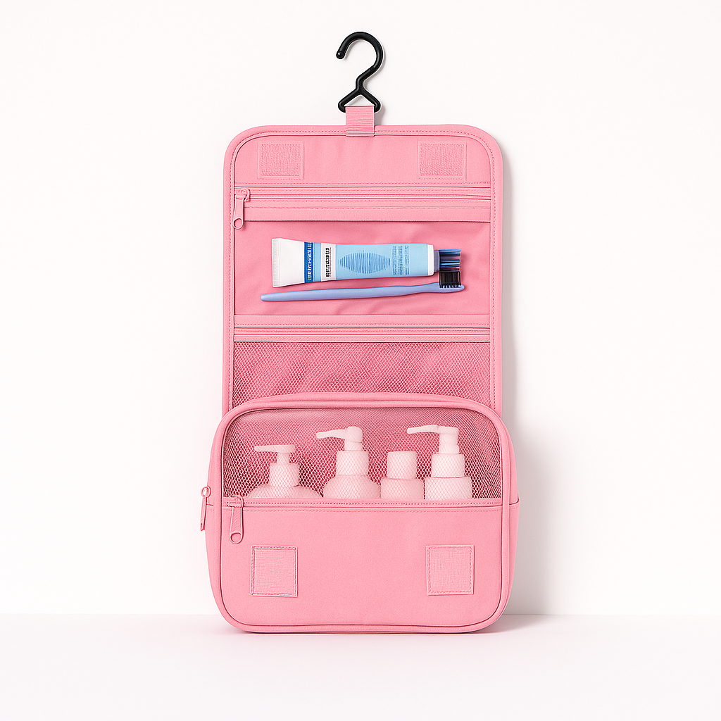 Trousse de toilette à suspendre rose – grand format avec poches internes, idéale pour produits de soin et maquillage