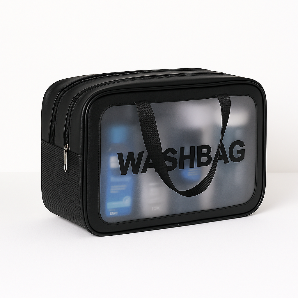 Trousse de toilette imperméable en PVC noir avec anses – élégante, spacieuse et parfaite pour voyager avec ses essentiels