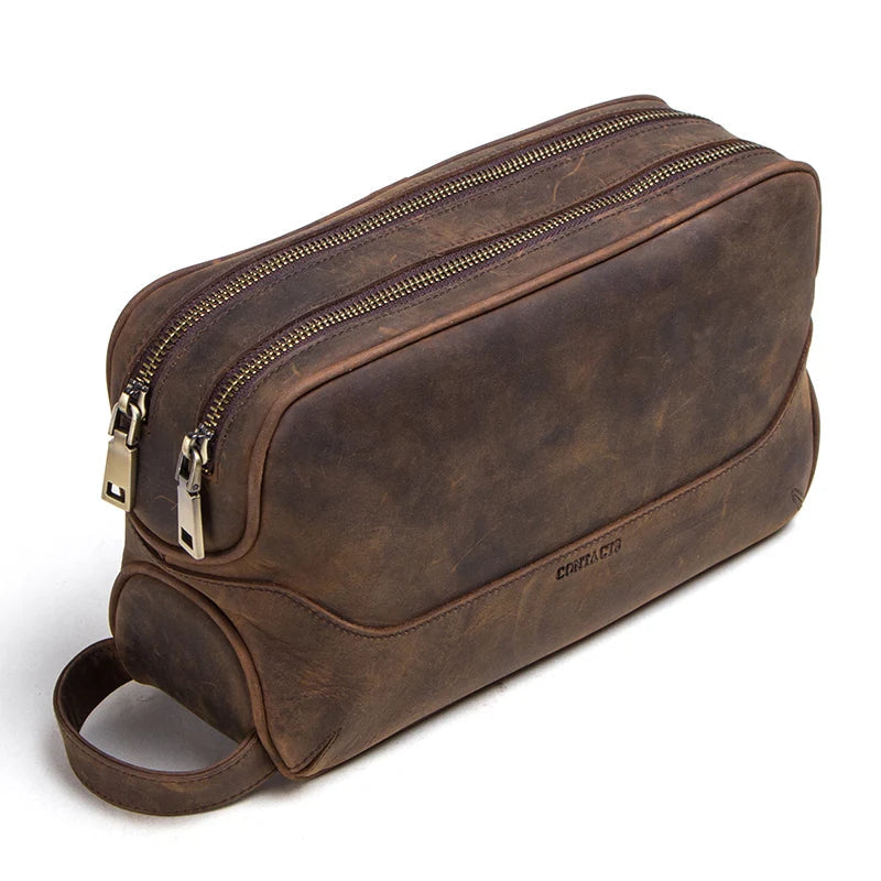 trousse de toilette homme en cuir vintage avec double fermeture zippée