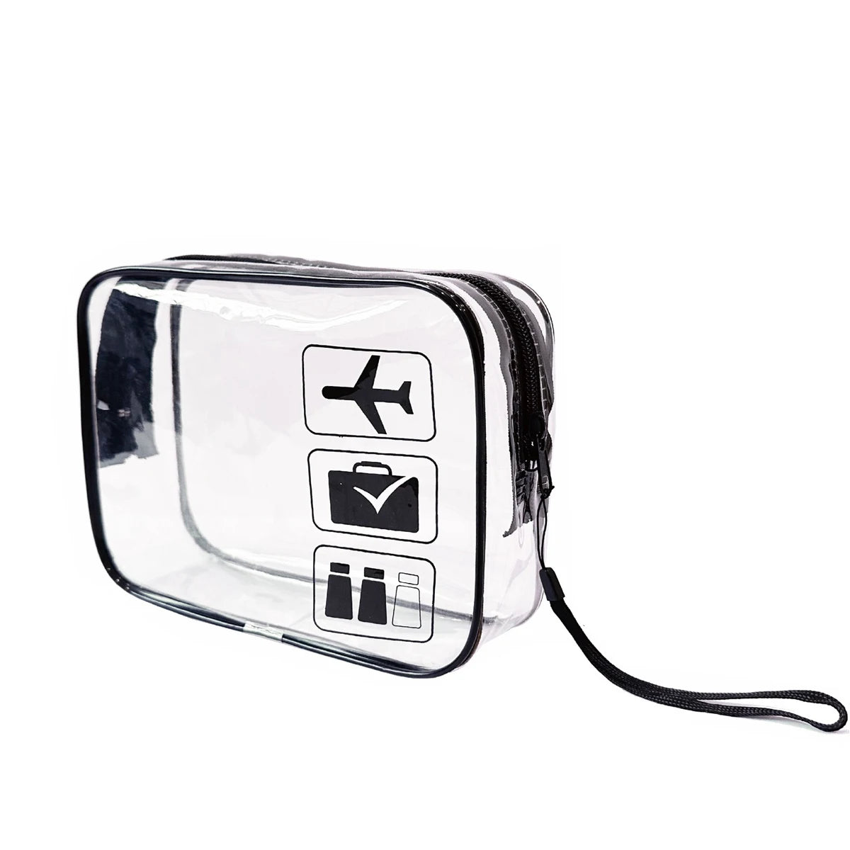 Trousse de toilette avion noire avec pictogramme blanc – design épuré pour les voyageurs modernes
