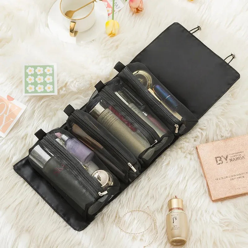 Grande trousse de toilette pliable noire – compartiments filet pratiques pour organiser les flacons et tubes de soin