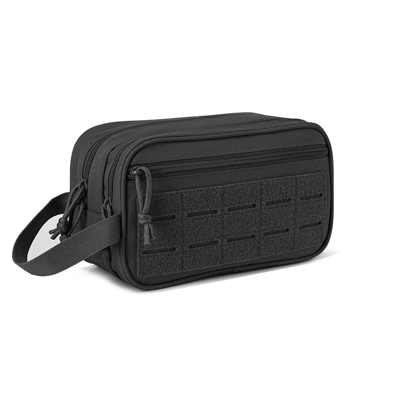 Trousse de toilette avion style militaire noir mat design tactique robuste avec multiples compartiments de rangement