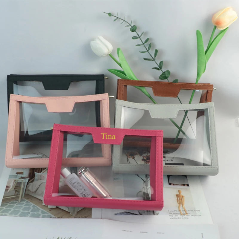 Trousse de toilette transparente personnalisable – Pochette élégante en PVC et similicuir