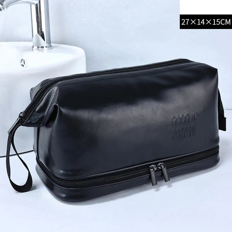 Trousse de toilette homme en simili cuir noir, imperméable et robuste pour les déplacements