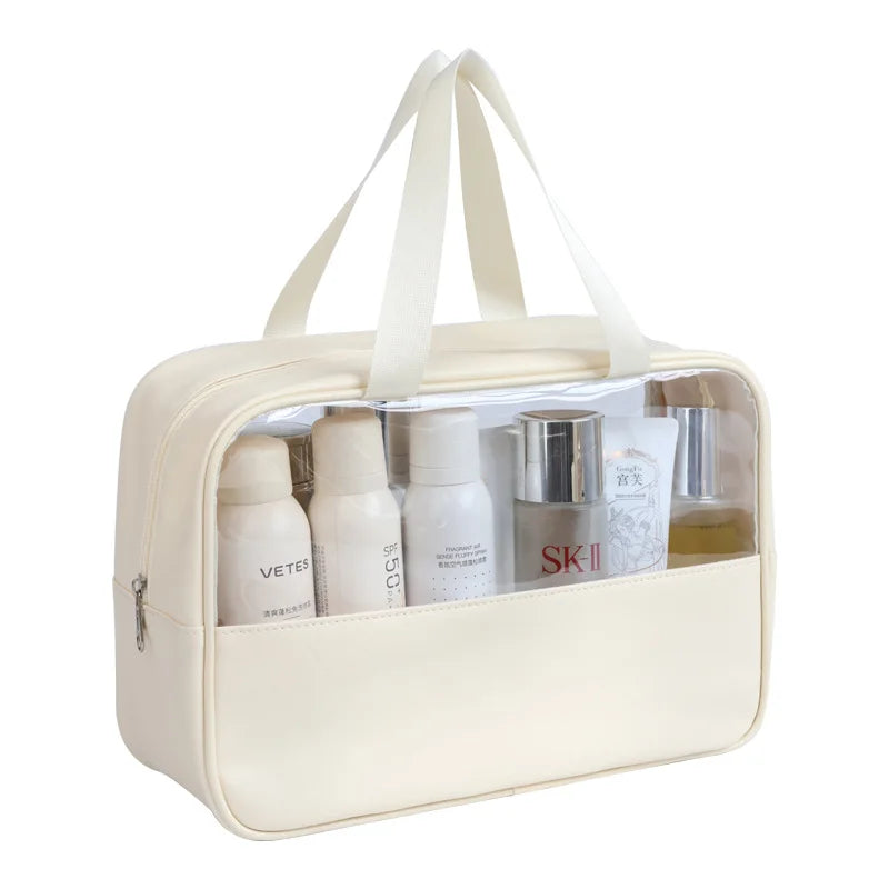 Trousse de toilette de voyage avec façade transparente idéale pour transporter cosmétiques et soins en toute visibilité