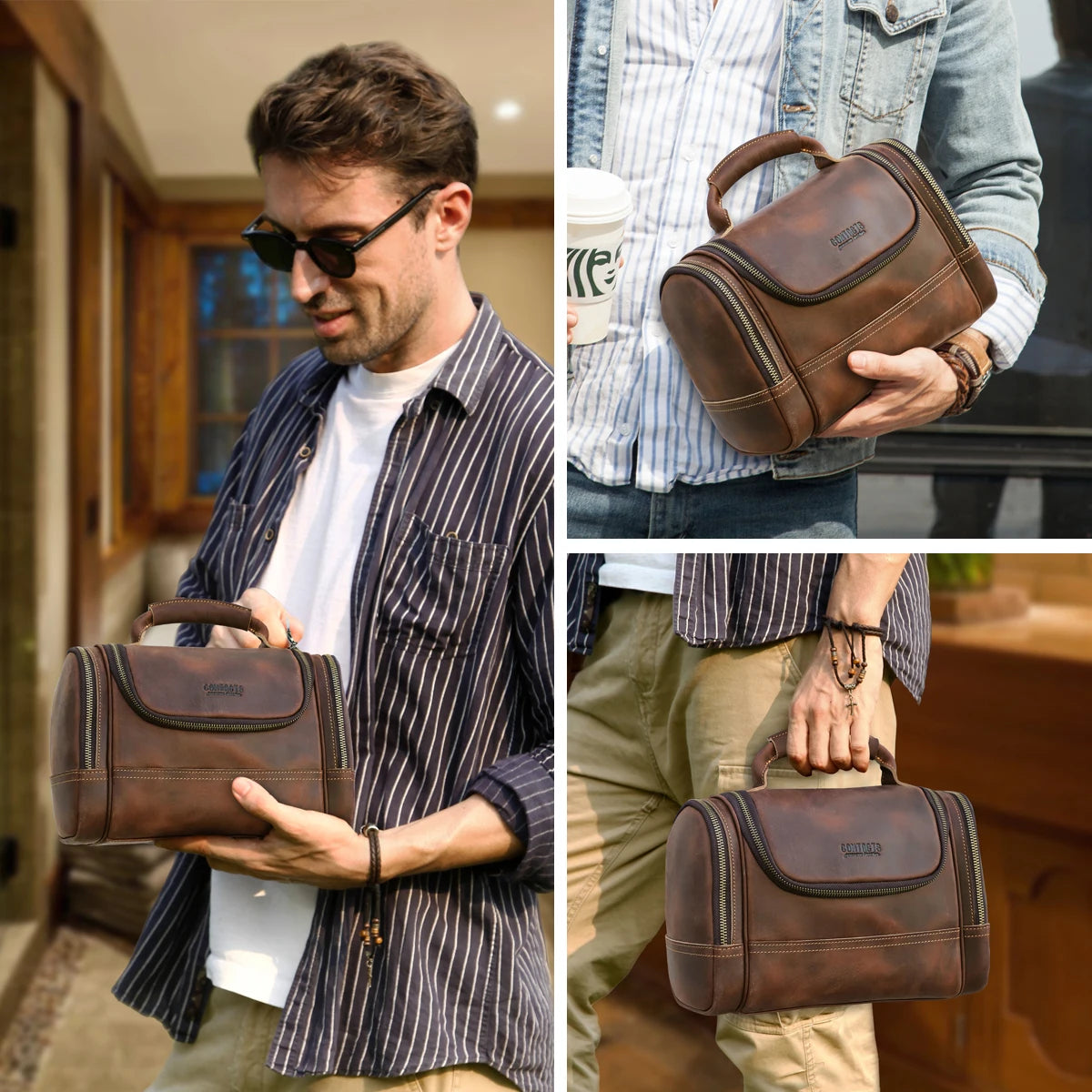 Trousse de toilette homme cuir vintage grande capacité