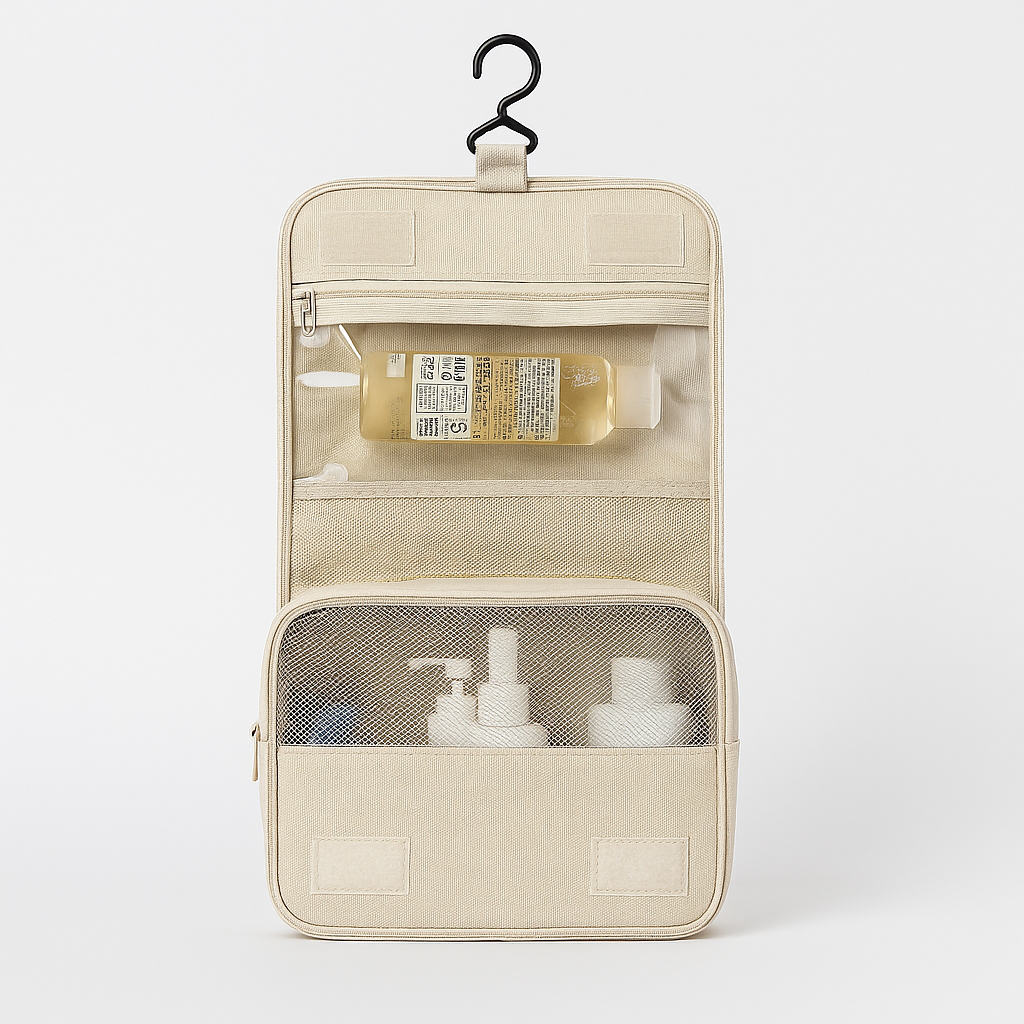 Trousse de toilette à suspendre waterproof couleur crème – parfaite pour les voyages et les environnements humides