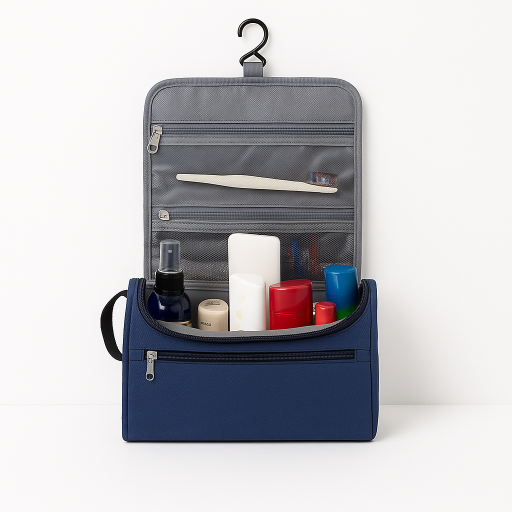  Trousse de toilette à suspendre Bleu design sobre avec crochets intégrés et rangement compartimenté