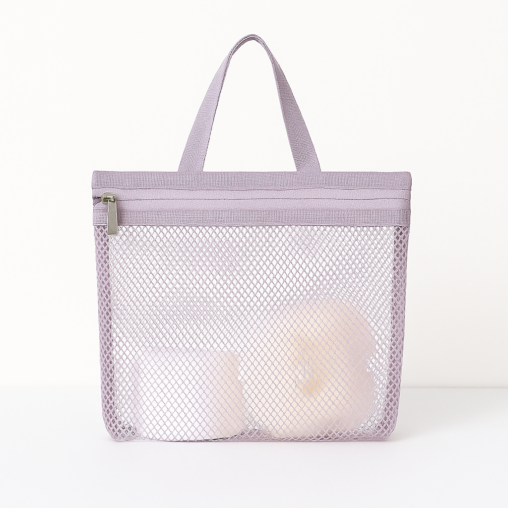Trousse de toilette à suspendre en filet mesh – disponible en plusieurs couleurs pastel, idéale pour salle de bain et trousse de voyage légère