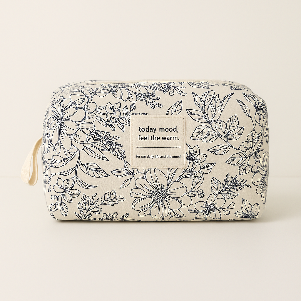  Trousse de toilette coton à imprimé floral – design naturel et message brodé pour une trousse douce et tendance