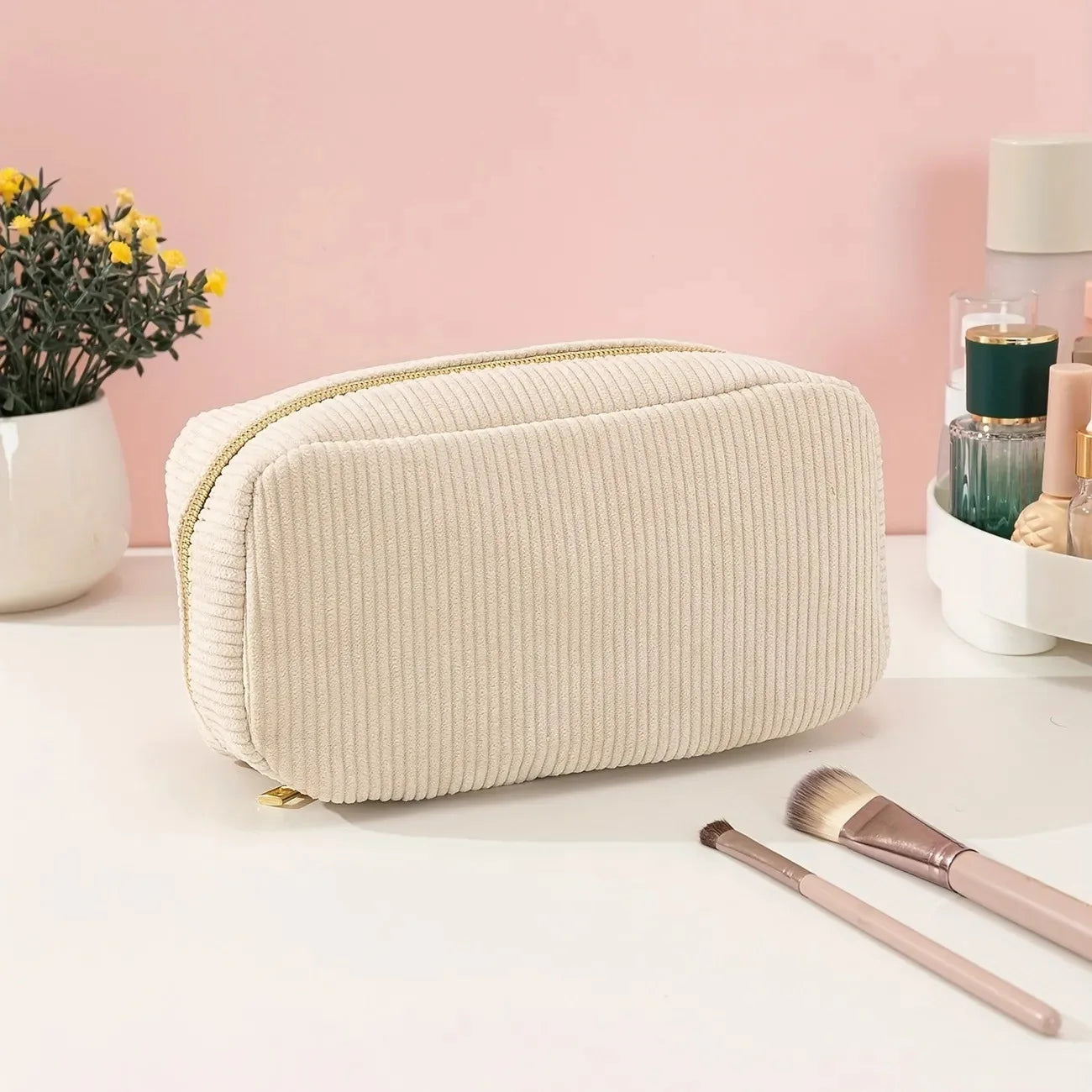 trousse de toilette vanity en velours côtelé compacte élégante femme – idéale pour maquillage et voyage