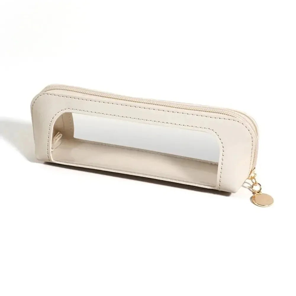 Trousse de toilette vanity compacte transparente beige avec fermeture éclair – idéale pour le maquillage et les accessoires de voyage
