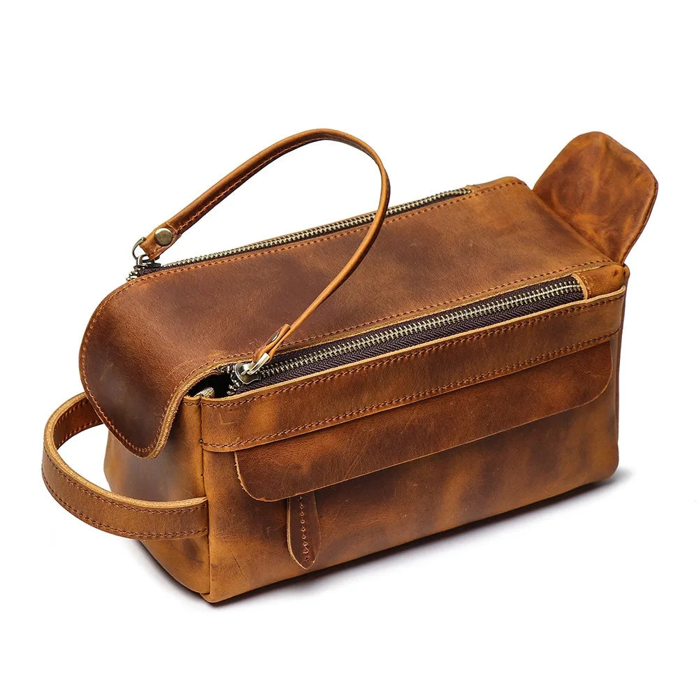 Trousse de toilette homme en cuir véritable marron format compact avec fermeture éclair solide
