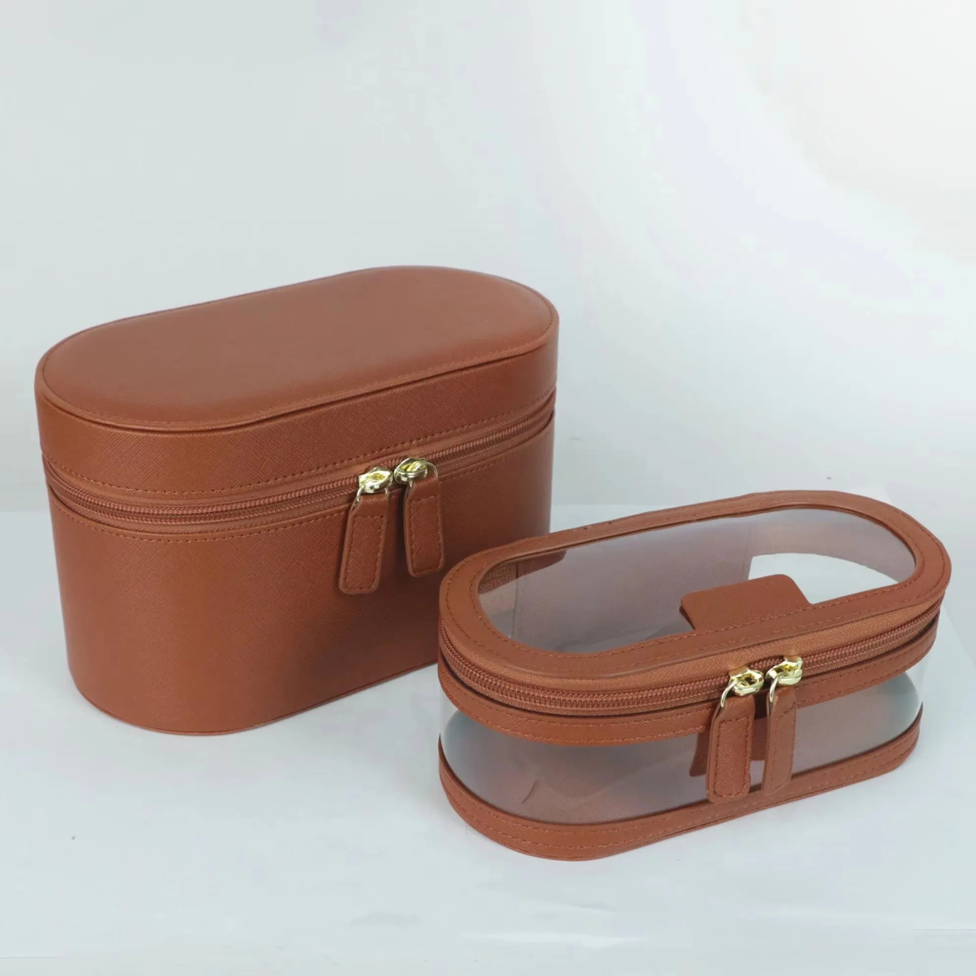  Trousse de toilette de luxe élégante marron avec trousse intérieure transparente – idéale pour une organisation raffinée
