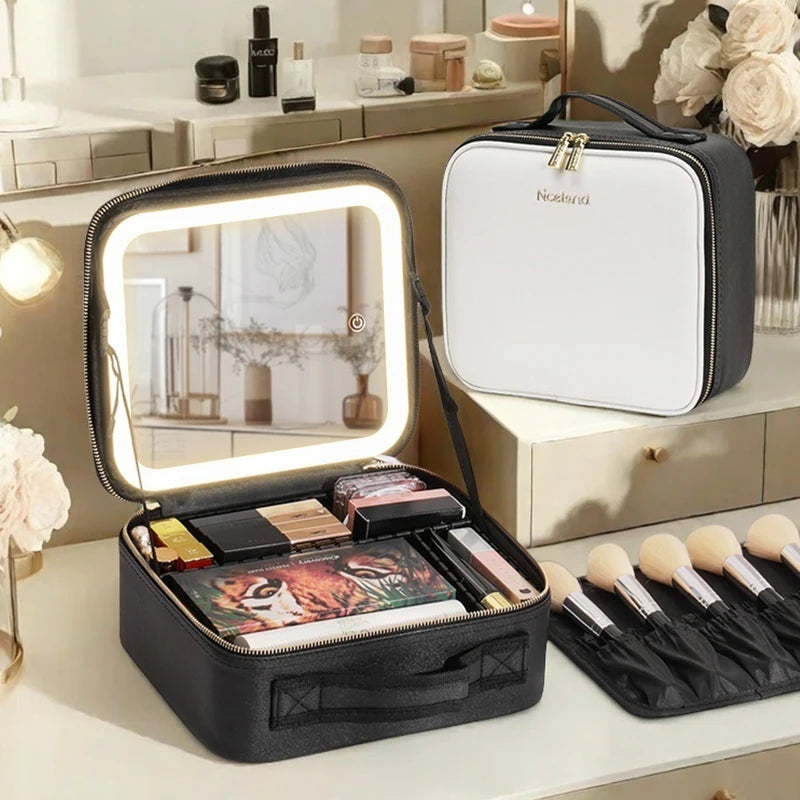 Vanity femme noir avec miroir LED intégré – trousse de toilette maquillage élégante
