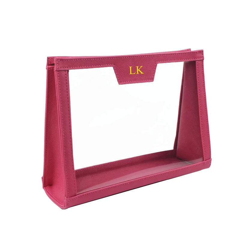 Trousse de toilette transparente personnalisable avec initiales, en PVC rigide et similicuir haut de gamme