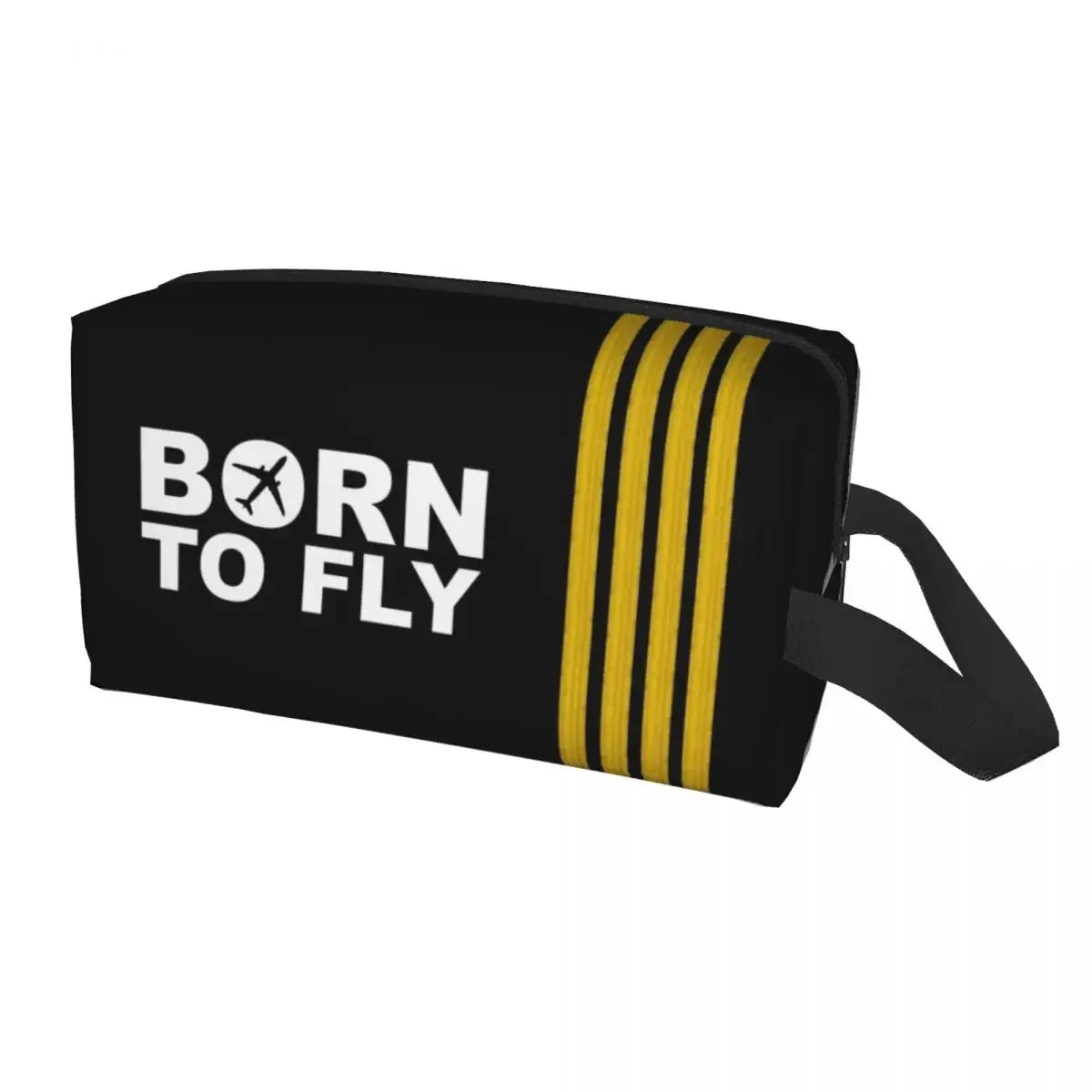 Trousse de toilette avion noire avec slogan "Born to Fly" idéale pour les passionnés d’aviation et les pilotes en déplacement
