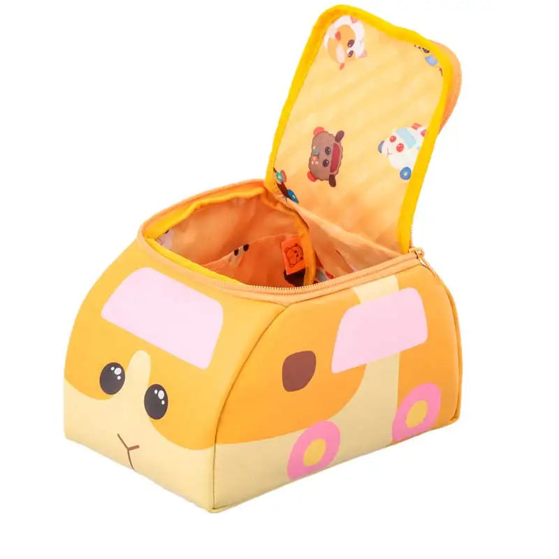 Trousse de toilette bébé motif voiture orange, avec fermeture zippée et poignée, idéale pour les soins enfant