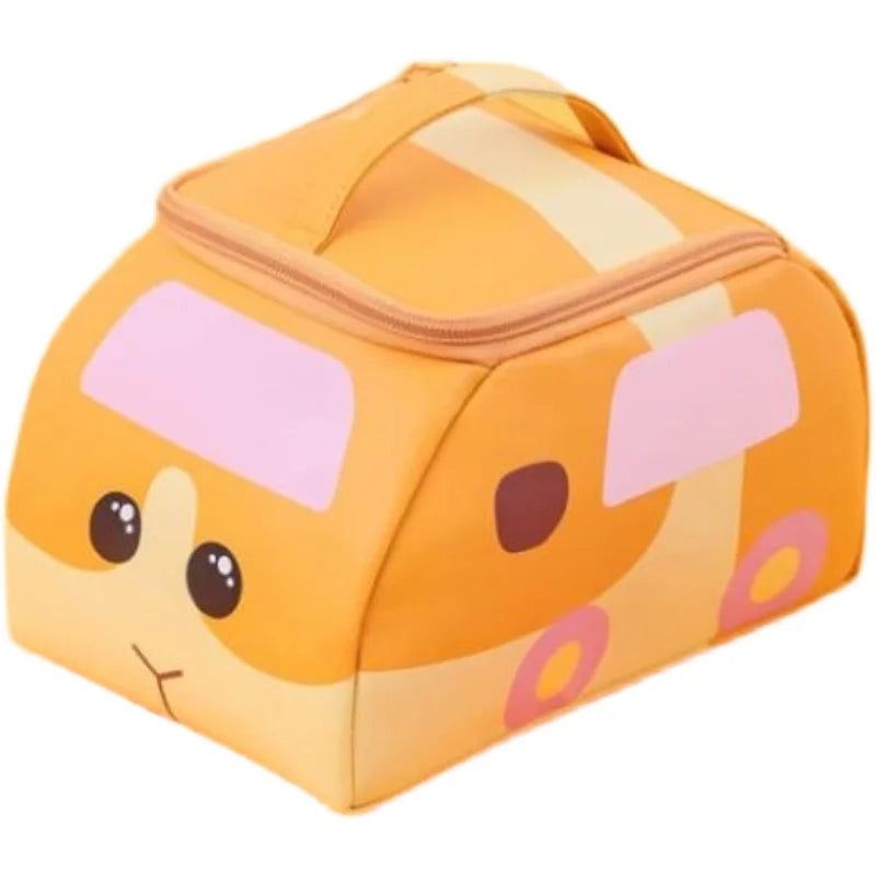 Trousse de toilette bébé motif voiture orange, avec fermeture zippée et poignée, idéale pour les soins enfant
