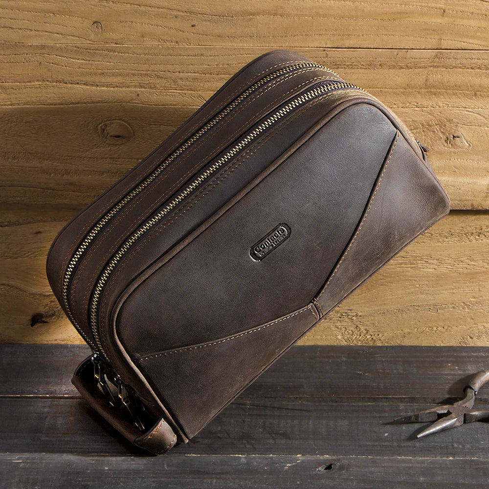 Trousse de toilette homme en cuir vintage avec double fermeture éclair – modèle NATURAÏ
